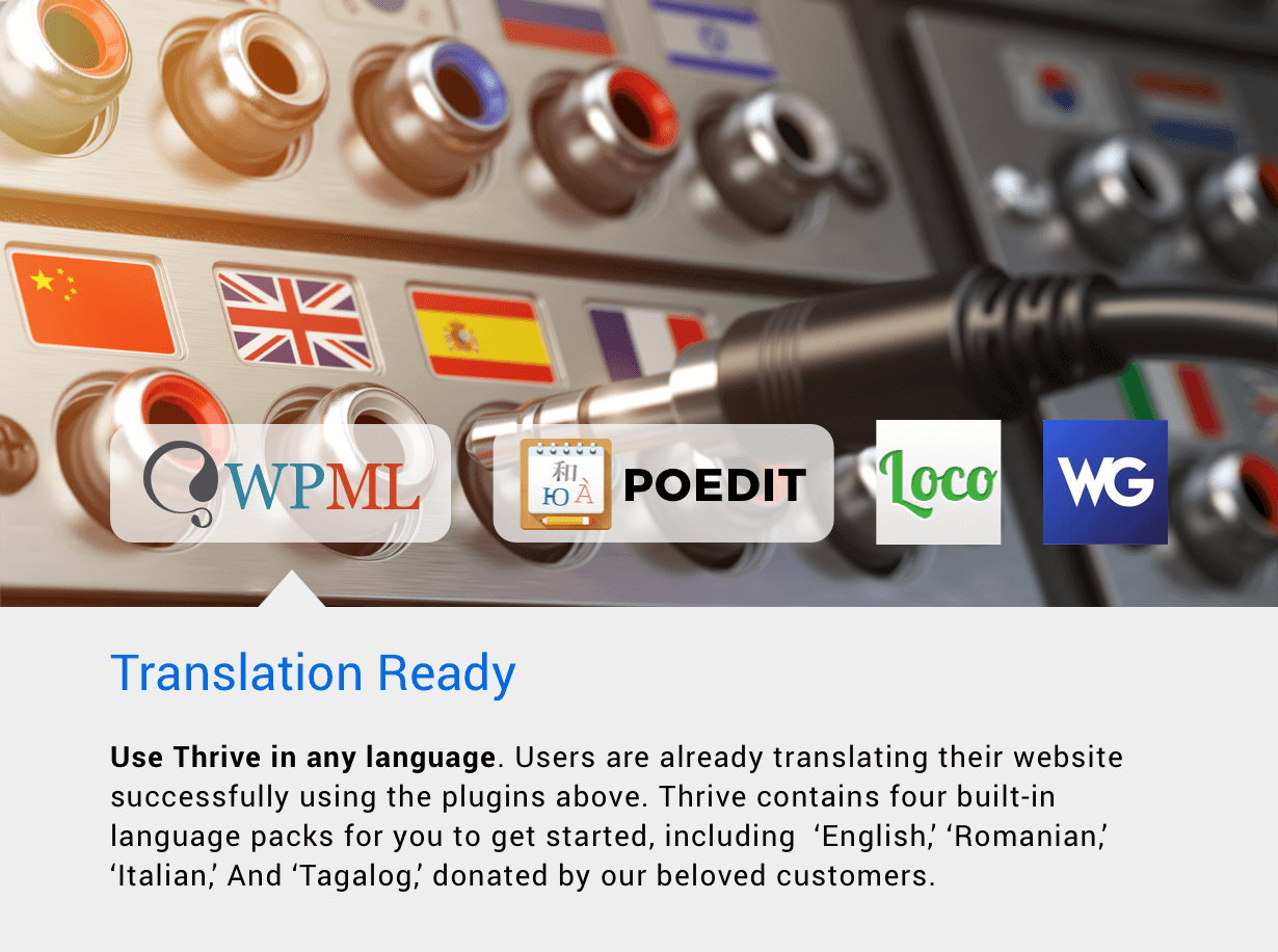 Thrive is compatible with WPML, POEdit, Loco Translate, WeGlots
